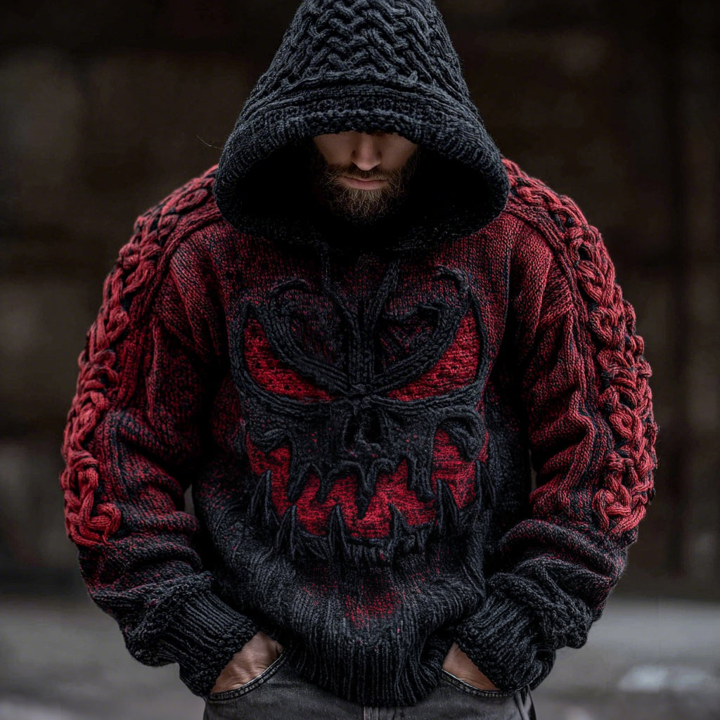 Men's Viking Devil Face Celtic Knot Jacquard Knit Hooded Sweater elevenforest