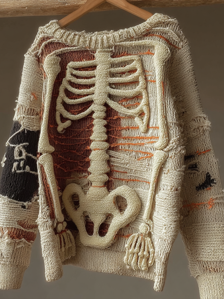 Halloween Skeleton Man Pattern Knit Round Neck Sweater artswardrobe