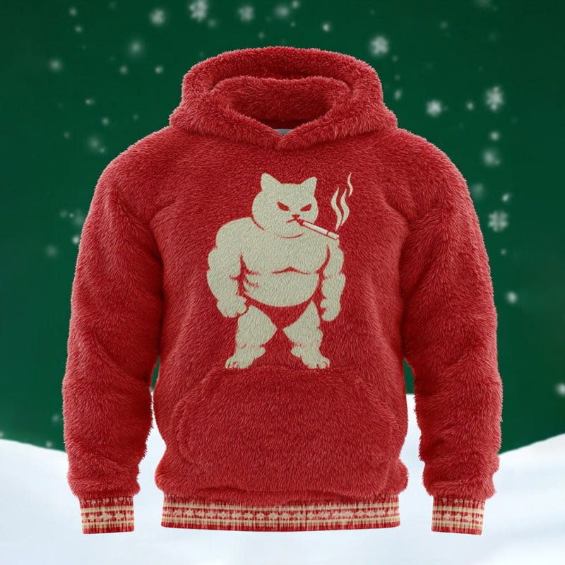 Comstylish Men's Angry Muscular Cat Pattern Plush Hoodie