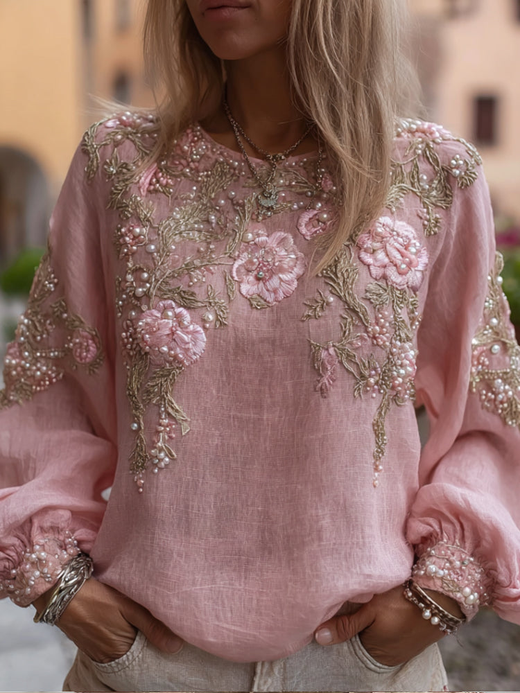 Comstylish Women's Vintage Round-neck Long-sleeved Shirt With Embroidered Flowers