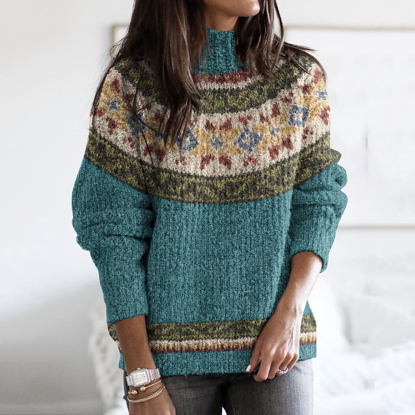 Vintage Contrast Iceland Jacquard Cozy High Collar Sweater elevenforest