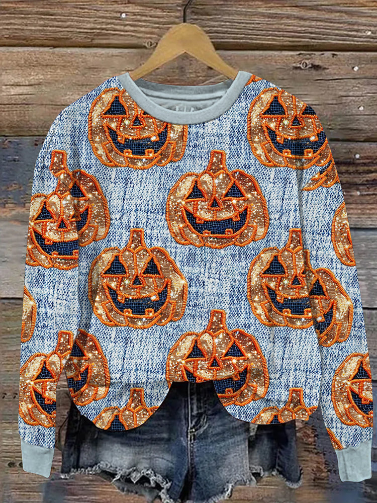 Halloween Sequined Pumpkin Casual Sweatshirt artswardrobe