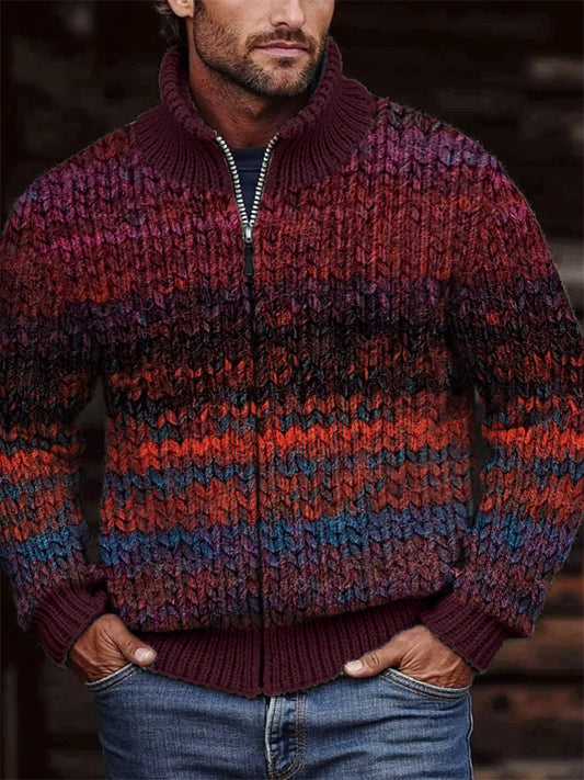 Men's Vintage Colorful Crochet Art Cozy Zip Cardigan elevenforest