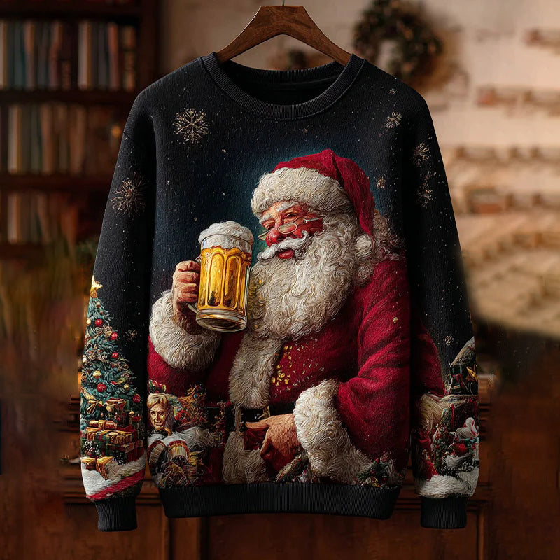 Men's Christmas Santa Claus Beer Oil Painting Print Casual Sweatshirt artswardrobe