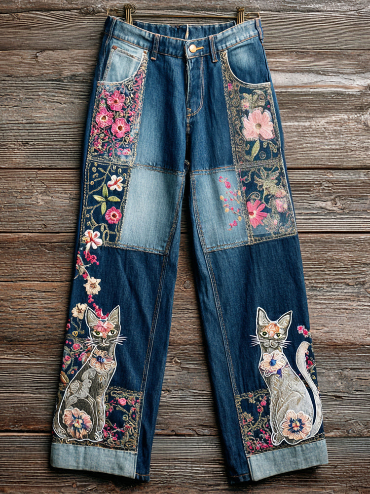 Comstylish Boho Lace Cat Floral Embroidered Art Women's Straight Leg Jeans