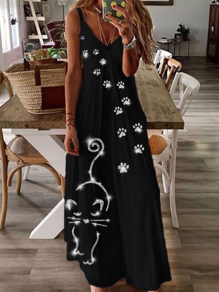 Cat & Paw Prints Glitter Art Cami Maxi Dress elevenforest