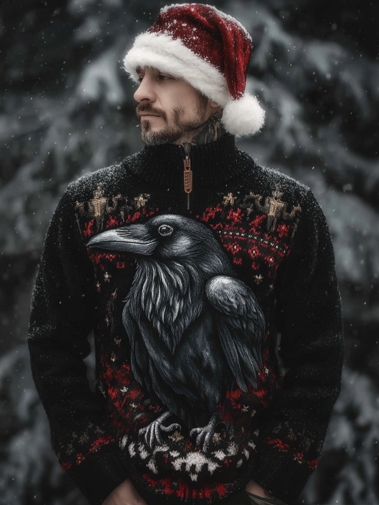 Comstylish Dark Christmas Men's High Neck Half Zipper Knit Sweater