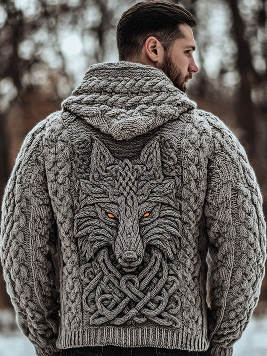 Men's Viking Celtic Wolf Knit Cozy Hooded Sweater artswardrobe