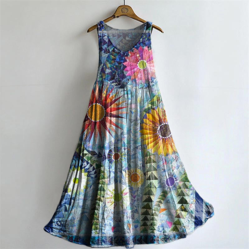 Women's Vintage Bohemian Floral Art Print Crew Neck Sleeveless Cotton