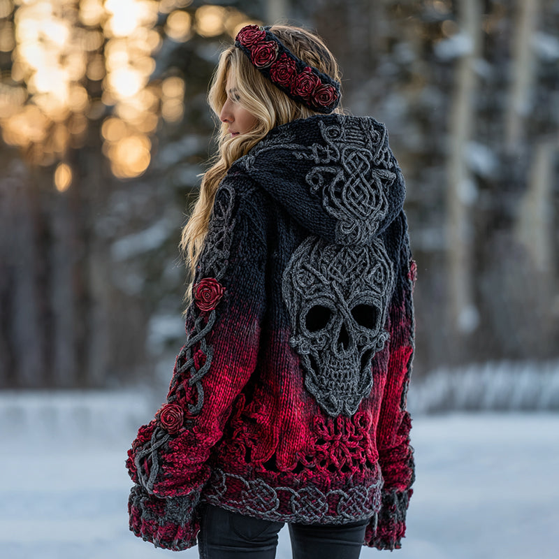 Women's Rose Skull Comfort Loose Gradient Button Sweater Cardigan artswardrobe
