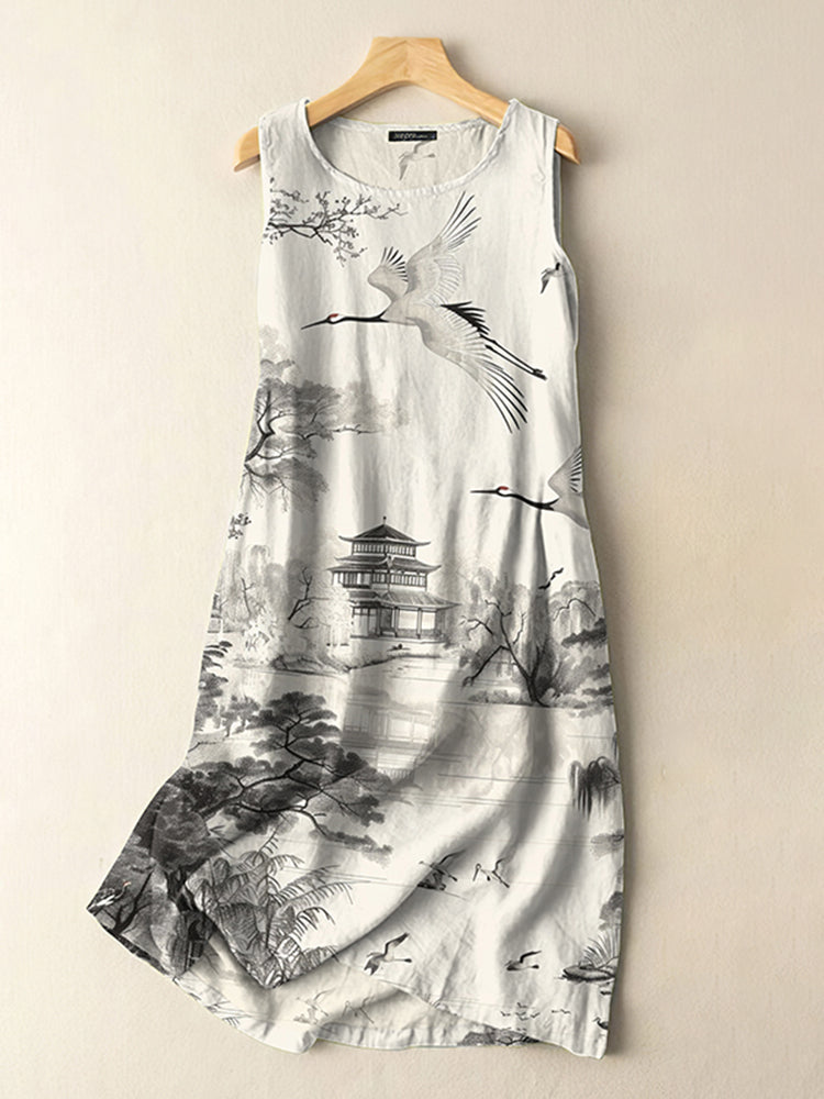 Vintage Japanese Crane Landscape Print Sleeveless Cotton And Linen Mid