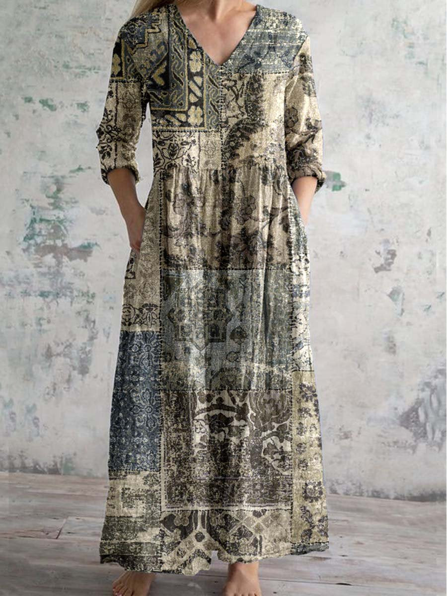 Women's Elegant Retro Art Texture Pattern Cotton and Linen Dress with 