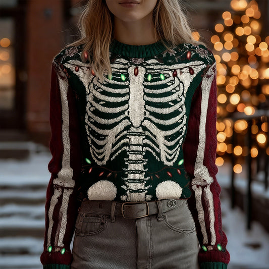Comstylish Vintage Christmas Lights Tangled Skeleton Cozy Knit Sweater