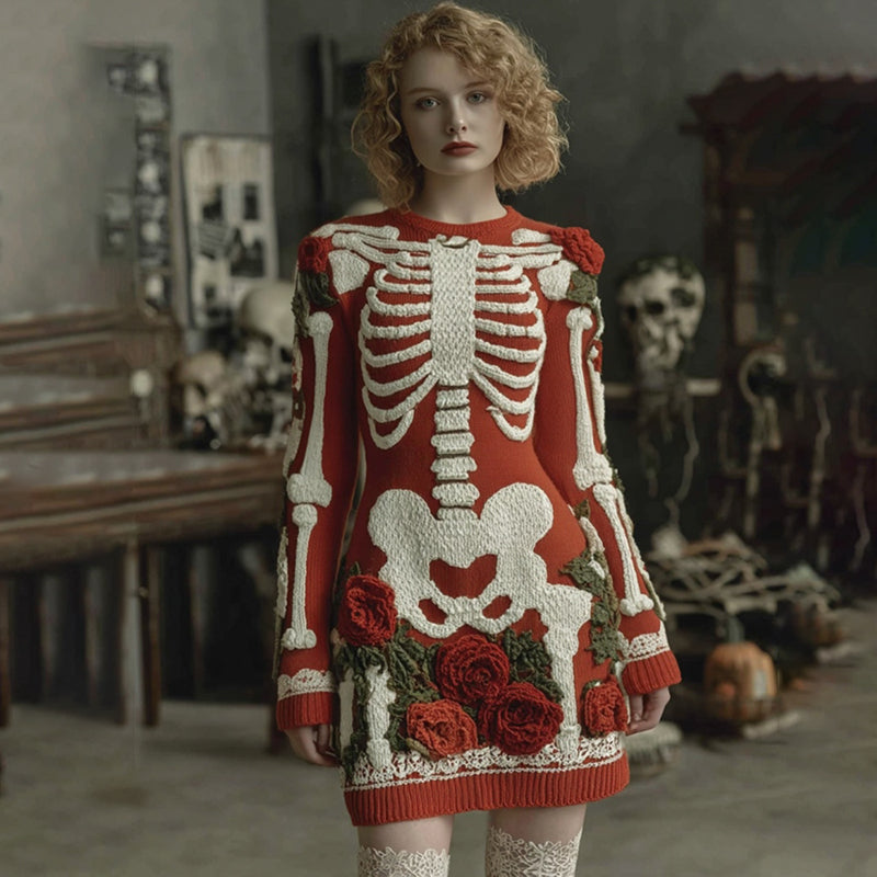 Women's Vintage Halloween Skeleton Bones Rose Comfortable Elegant Sweater Dress artswardrobe