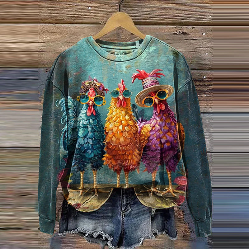 Comstylish Bestie Chicken Art Print Casual Sweatshirt