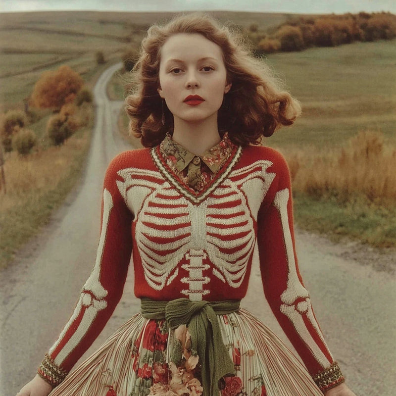 Women's Vintage Skull Rib Art V Neck Knit Pullover Sweater artswardrobe