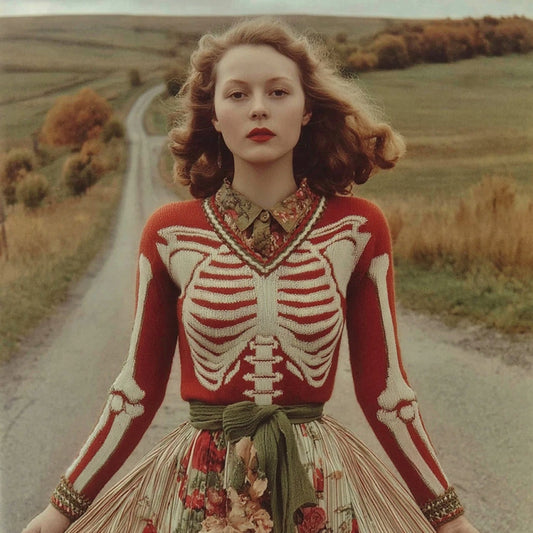 Women's Vintage Skull Rib Art V Neck Knit Pullover Sweater artswardrobe