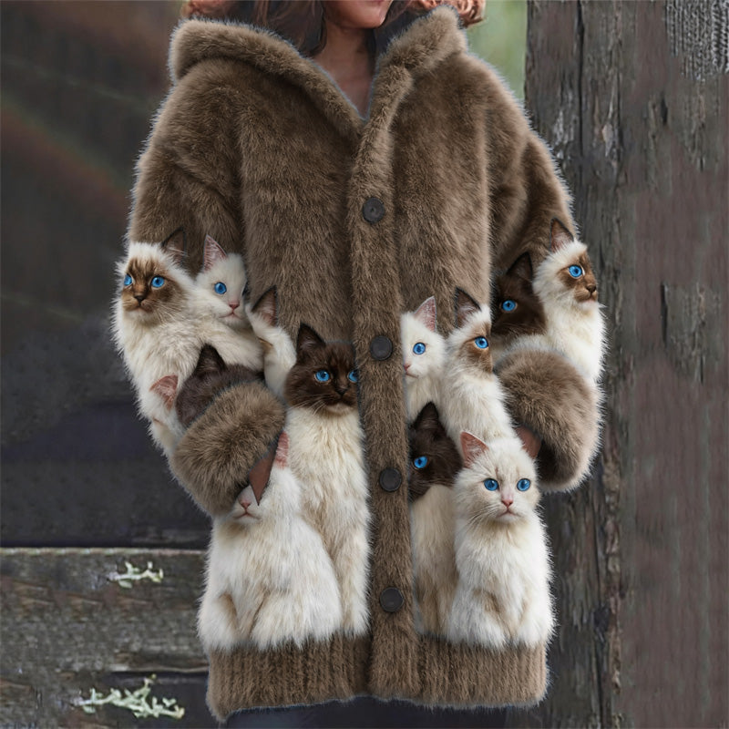 Cardigan in lana con stampa di gatti bianco e nero