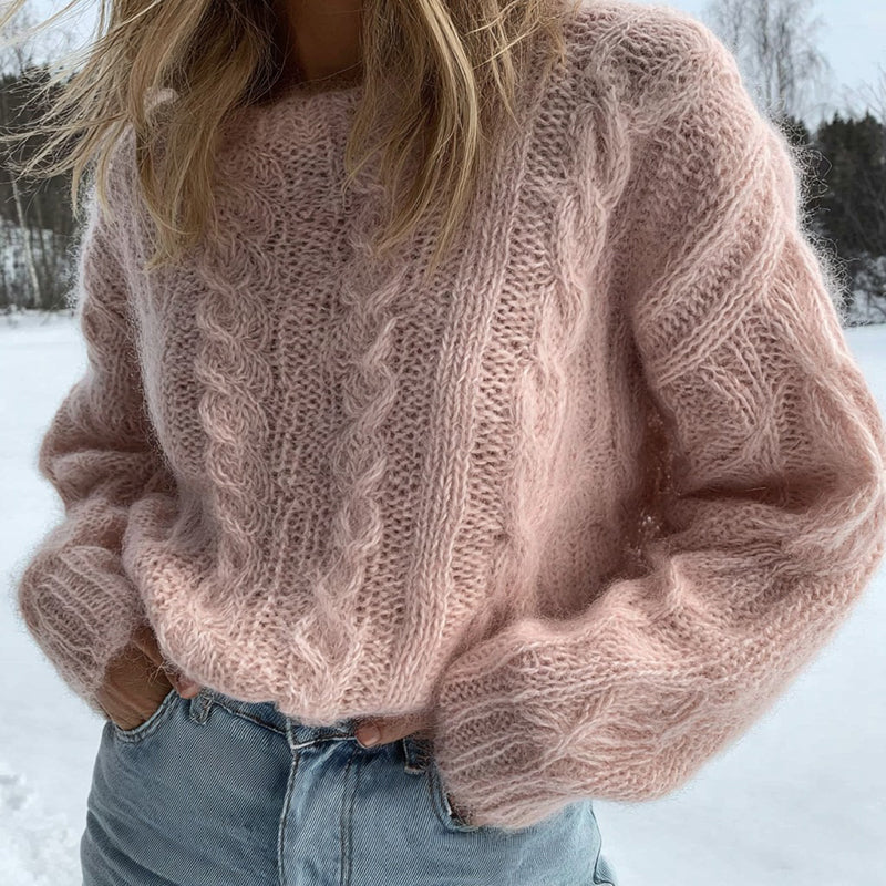 Women's Pink Cable Knit Warm Crew Neck Sweater artswardrobe