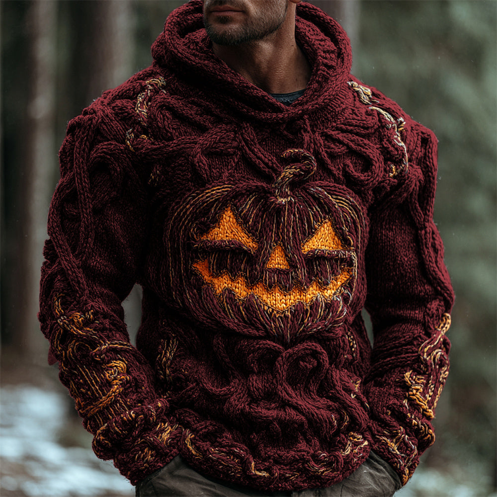 Halloween Pumpkin Emoji Men's Chunky Knit Hooded Sweater artswardrobe