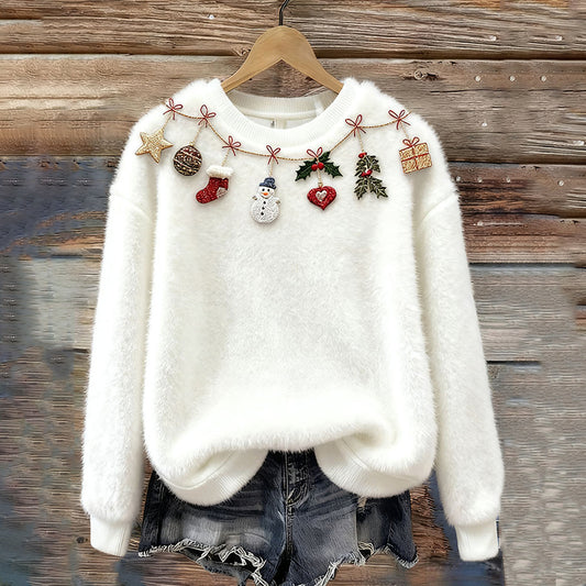 Comstylish Women's Christmas Embroidered Cozy Crew Neck Plush Sweatshirt