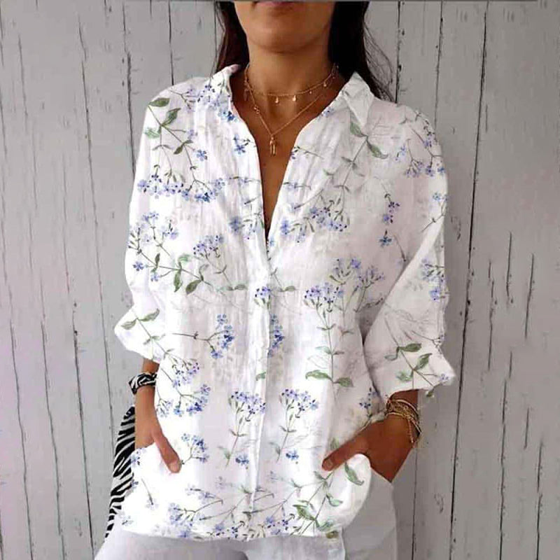 Comstylish Fresh Floral Print Casual Linen V-Neck Shirt