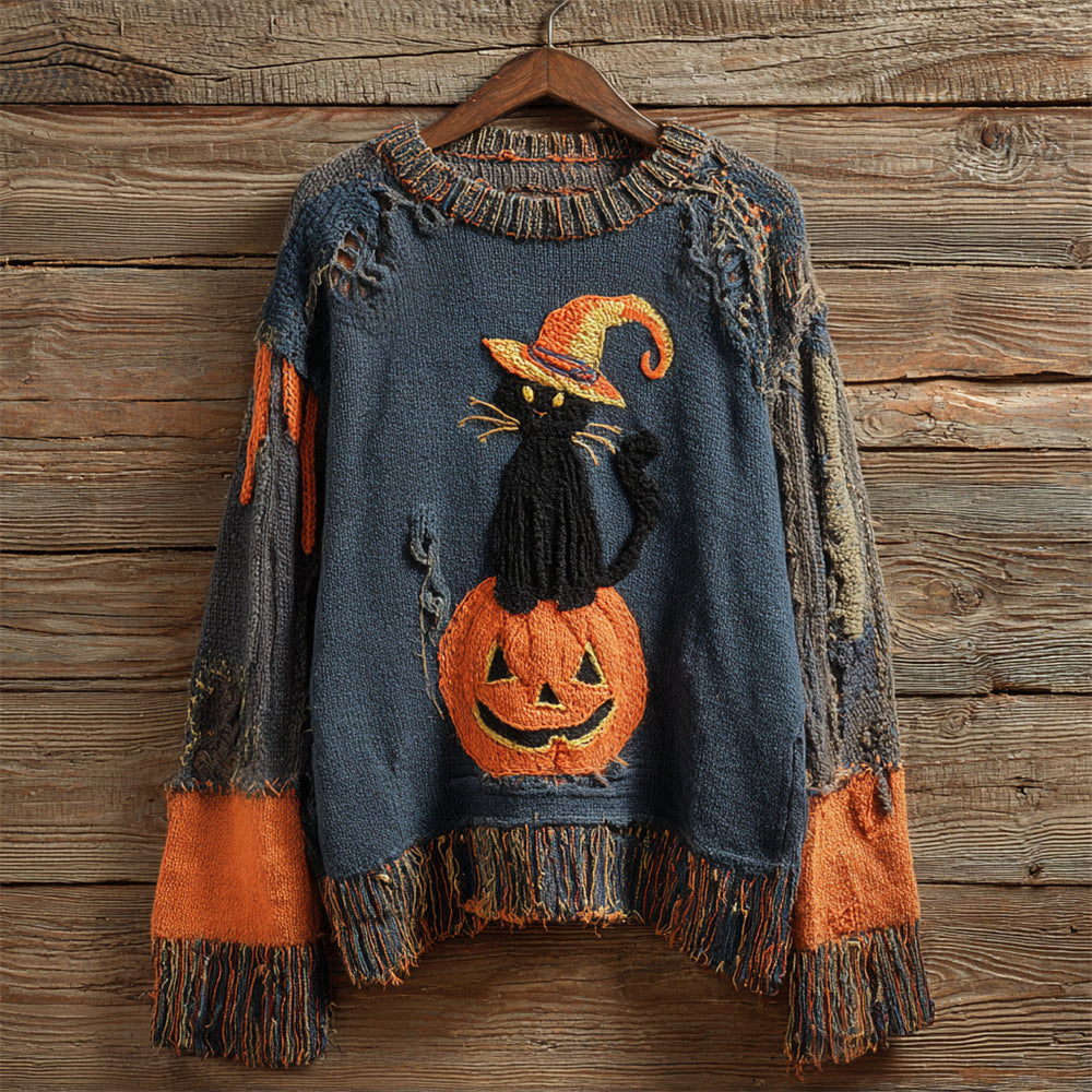 Comstylish Halloween Witch Cat & Pumpkin Vintage Patchwork Art Women's Knit Sweater