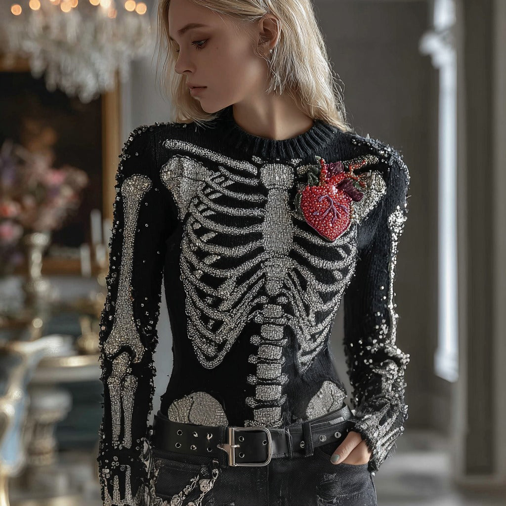 Women's Halloween Human Anatomy Gemstones Pattern Round Neck Sweater artswardrobe