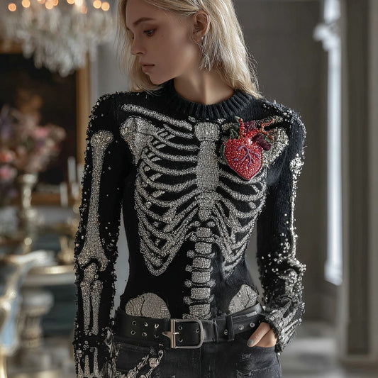 Women's Halloween Human Anatomy Gemstones Pattern Round Neck Sweater artswardrobe