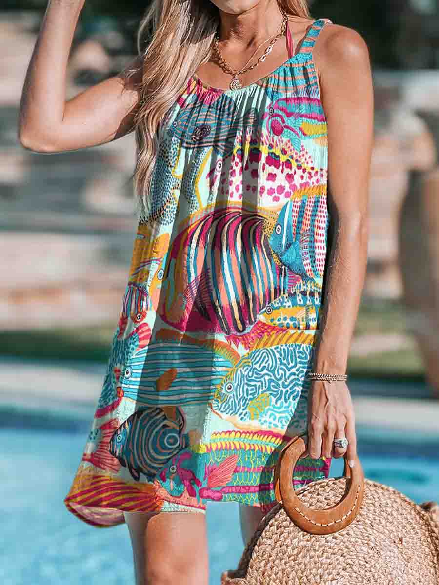 Women's Crew Neck Abstract Fish Print Beach Tank Top Dress