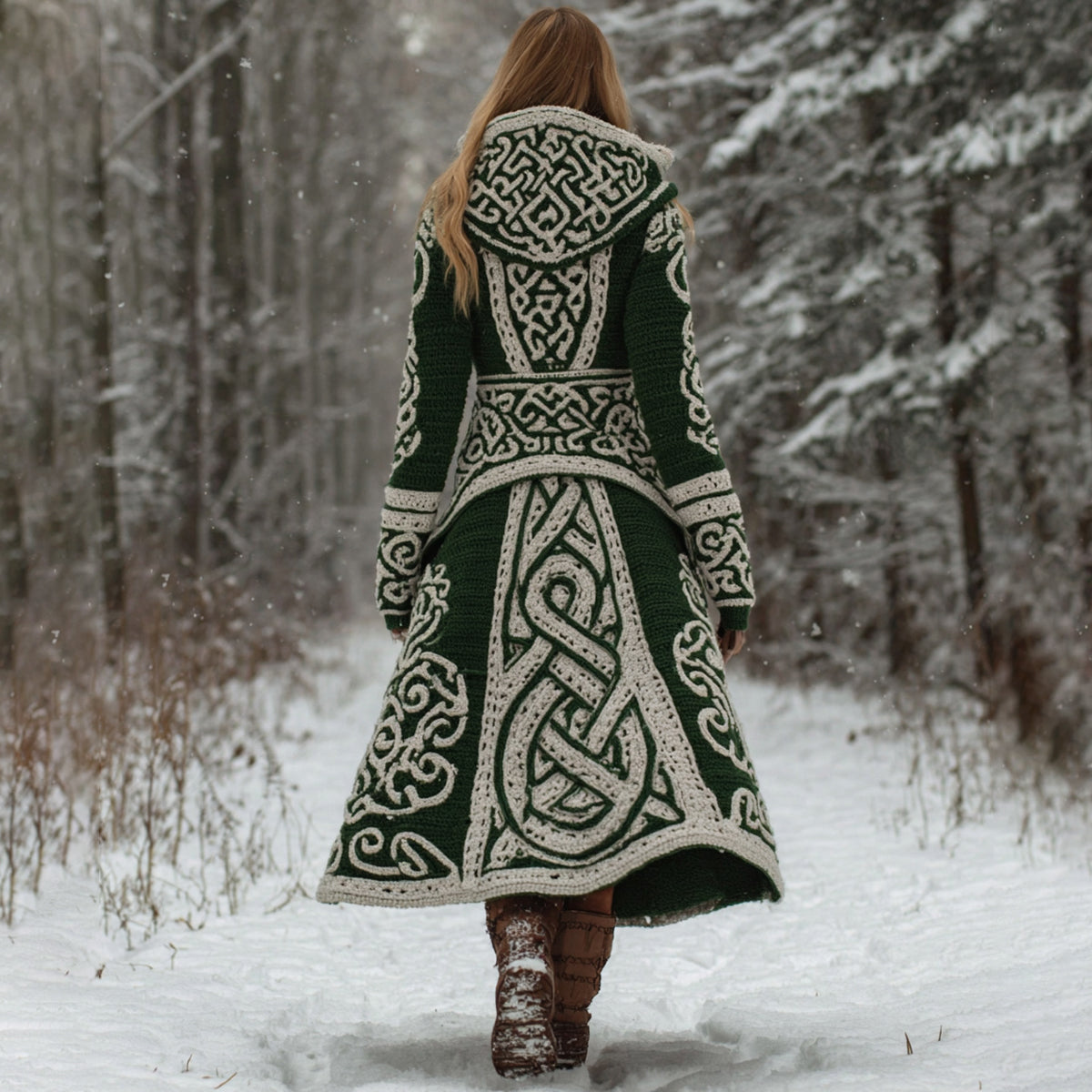 Women's Vintage Viking Celtic Knot Pattern Knit Hooded Long Sweater Coat artswardrobe