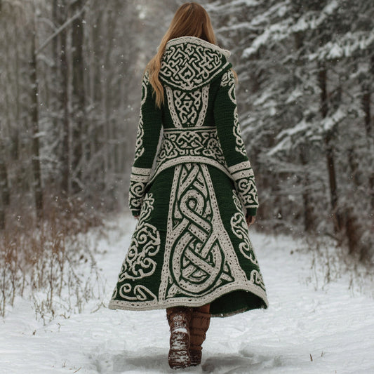 Women's Vintage Viking Celtic Knot Pattern Knit Hooded Long Sweater Coat artswardrobe