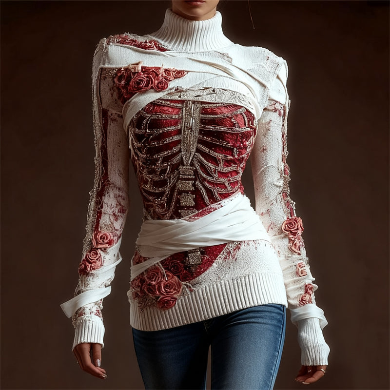 Classy Skeleton Anatomy Bloody Roses Bandages Turtleneck Sweater artswardrobe