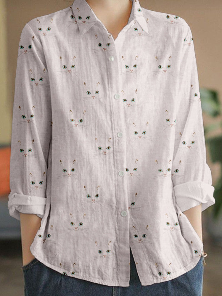 Comstylish Cute Cat Face Pattern Linen Blend Cozy Blouse