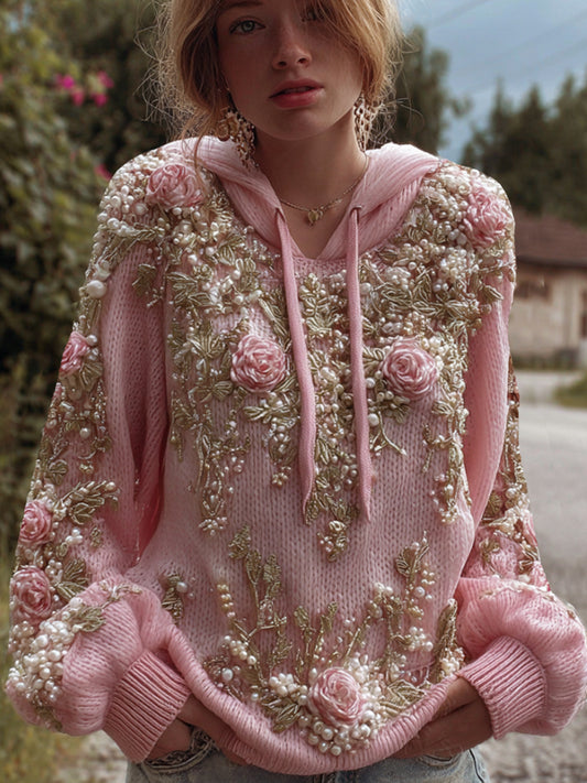 Women's Bohemian Style Gold Plant Pink Floral Hooded Sweater artswardrobe