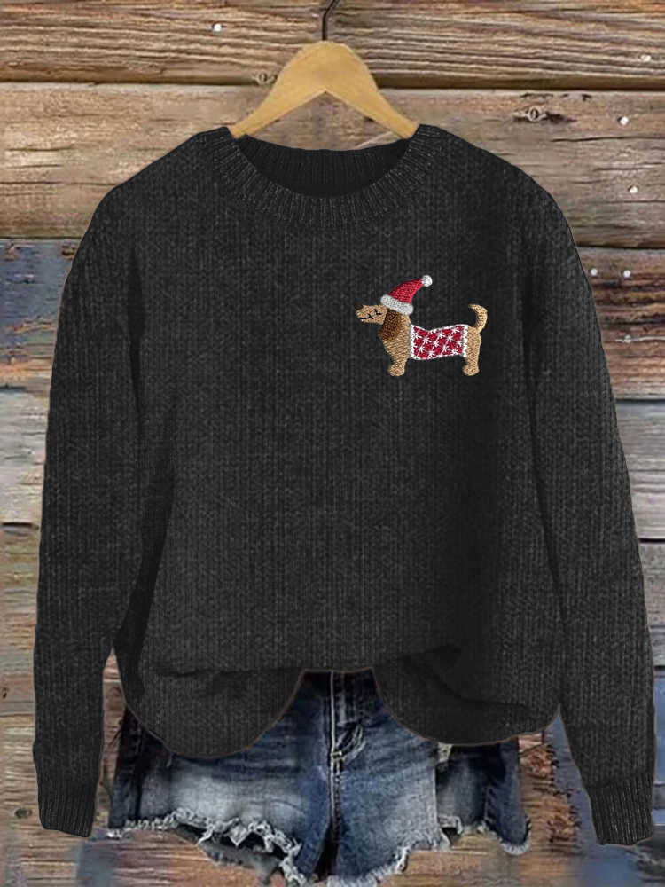 Comstylish Christmas Dog Art Embroidery Cozy Sweater