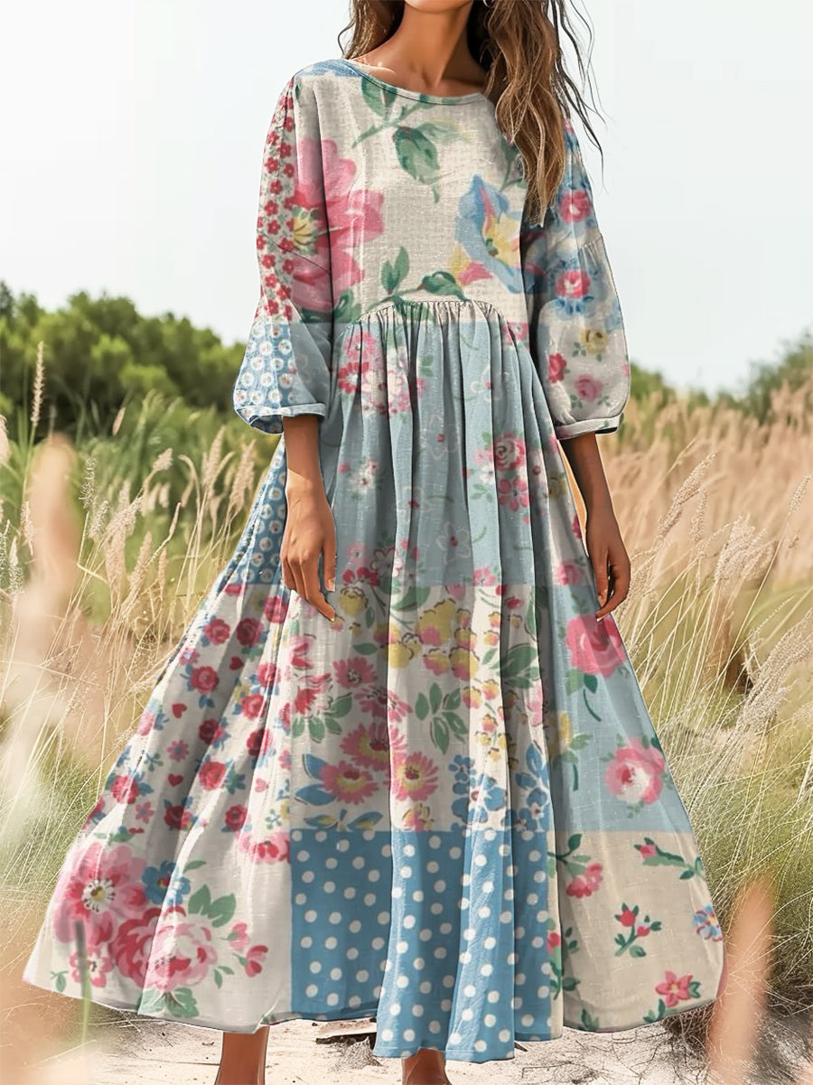 Women's Vintage Floral Patchwork Art Print Flowy Cotton Crew Neck Dres