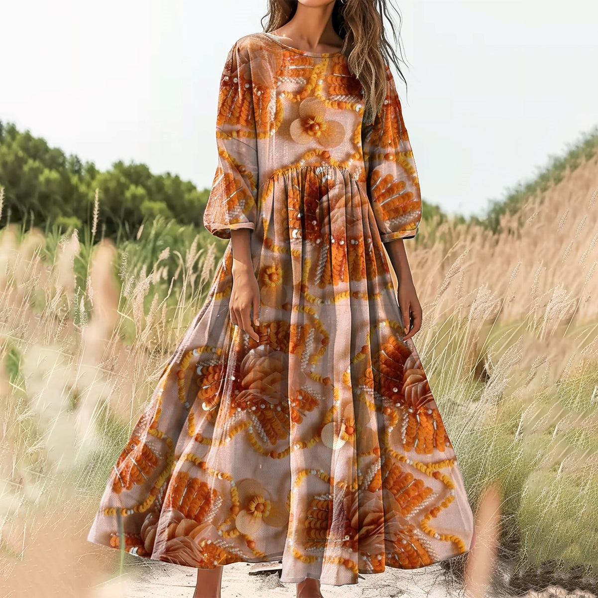 Women's Floral Art Print Cotton Crew Neck Dress