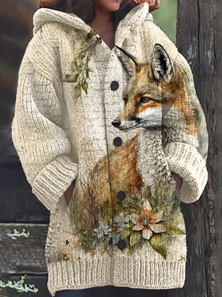 Vintage Fox Floral Art Cozy Hooded Cardigan artswardrobe