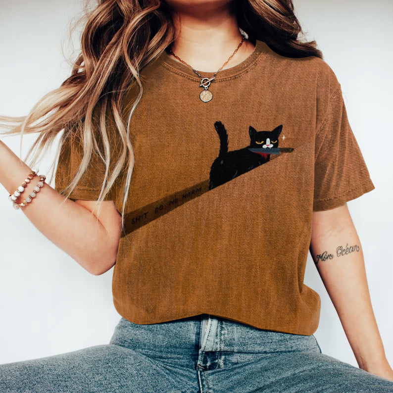 Take No Shit Do No Harm Cat Print Crew Neck T-Shirt elevenforest