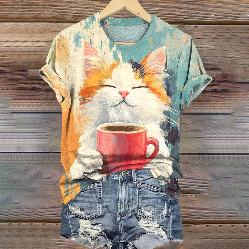 Comstylish Pop Art Painting Cat Drinks Coffee Pattern T-shirt