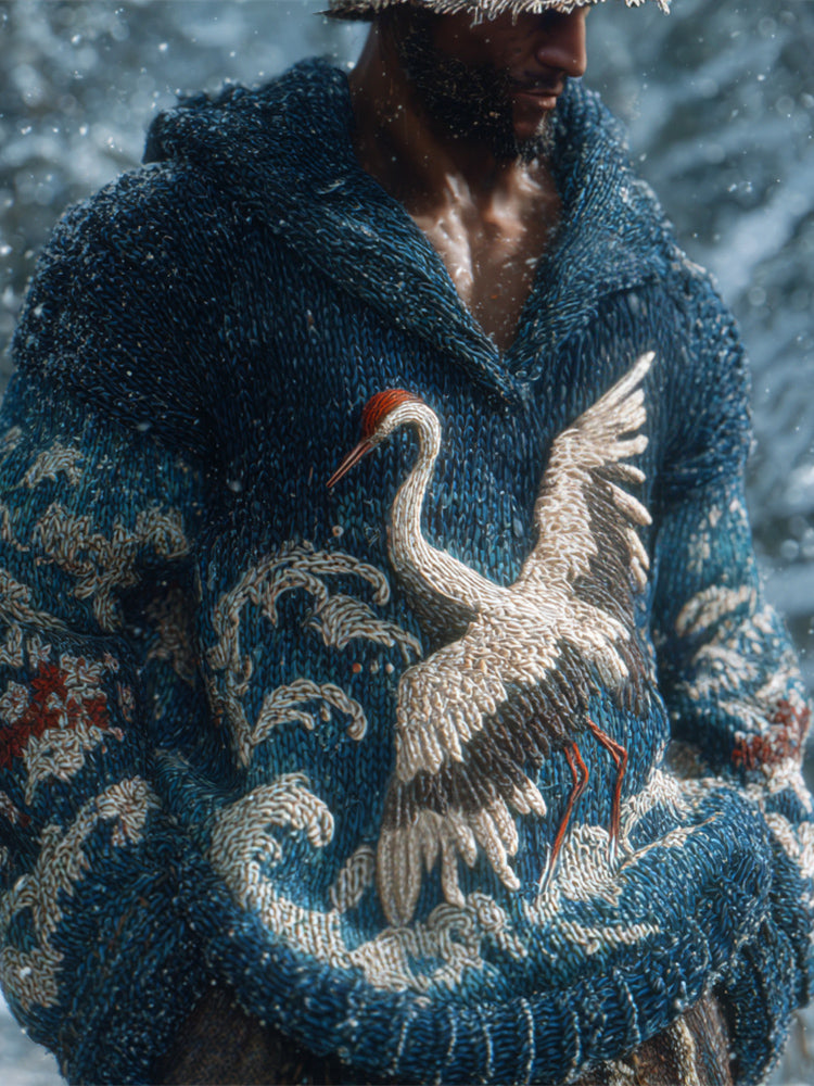 Japanese Crane & Wave Men's Knit Hooded Sweater elevenforest