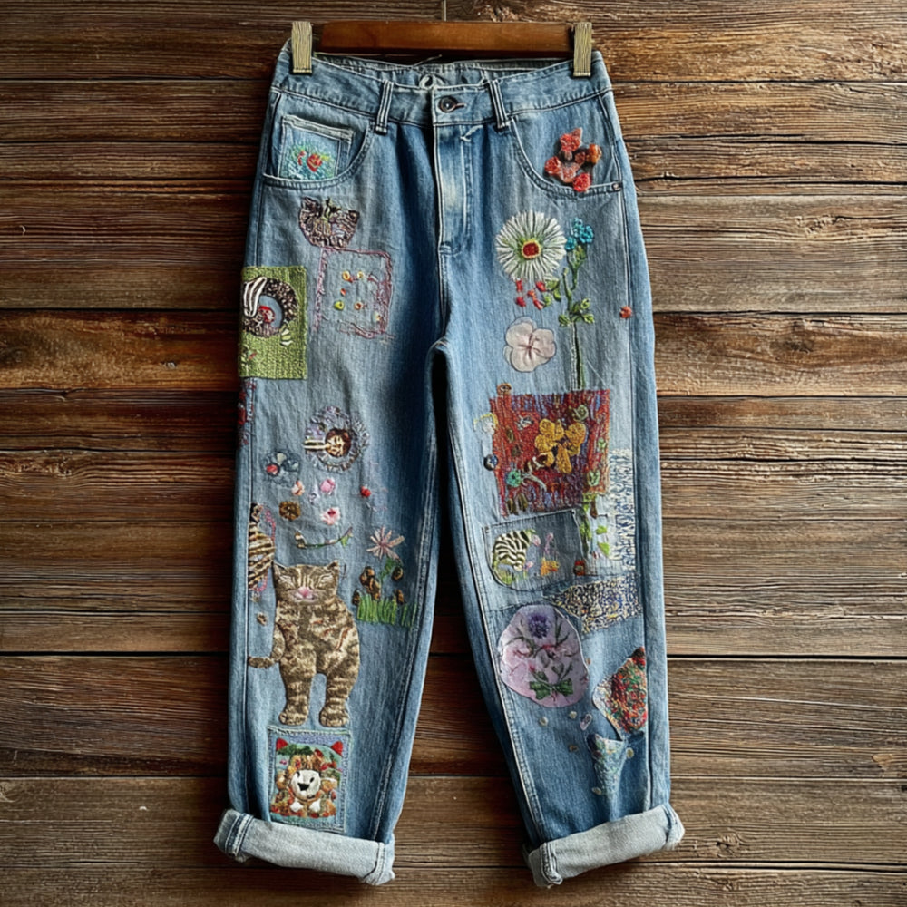 Comstylish Women's Bohemian Style Multi-colored Floral Cat-print Cute Embroidered Jeans