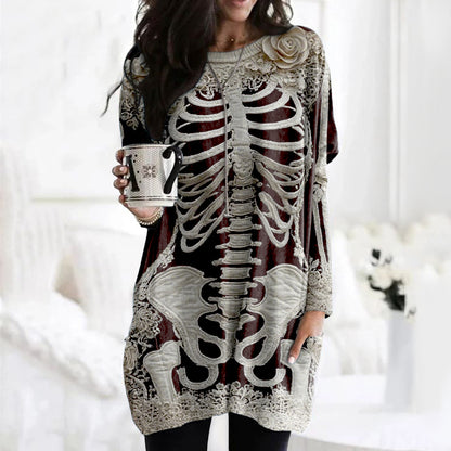 Women's Halloween Skeleton Bones With Rose Art Cozy Knit Turtleneck Mini Sweater Dress artswardrobe