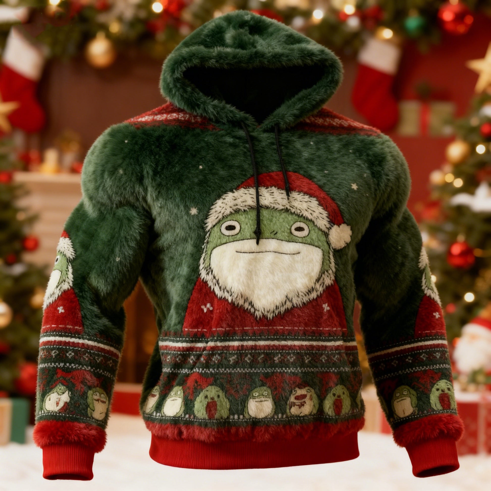 Comstylish Men's Frog With Santa Hat Pattern Ugly Plush Hoodie