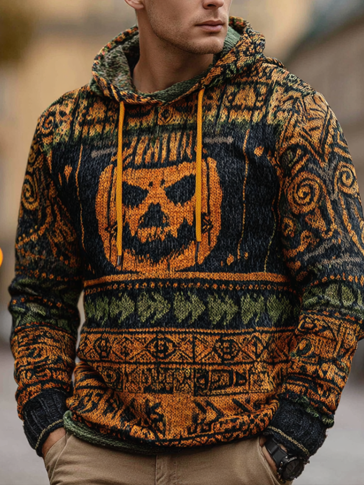 Halloween Pumpkin Element Men's Hooded Warm And Thick Warm Sweater elevenforest