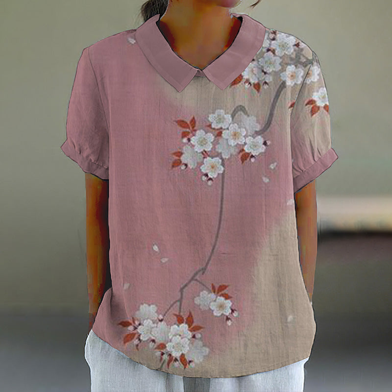 Comstylish Vintage Cherry Blossom Art Print Casual Cotton Linen Shirt