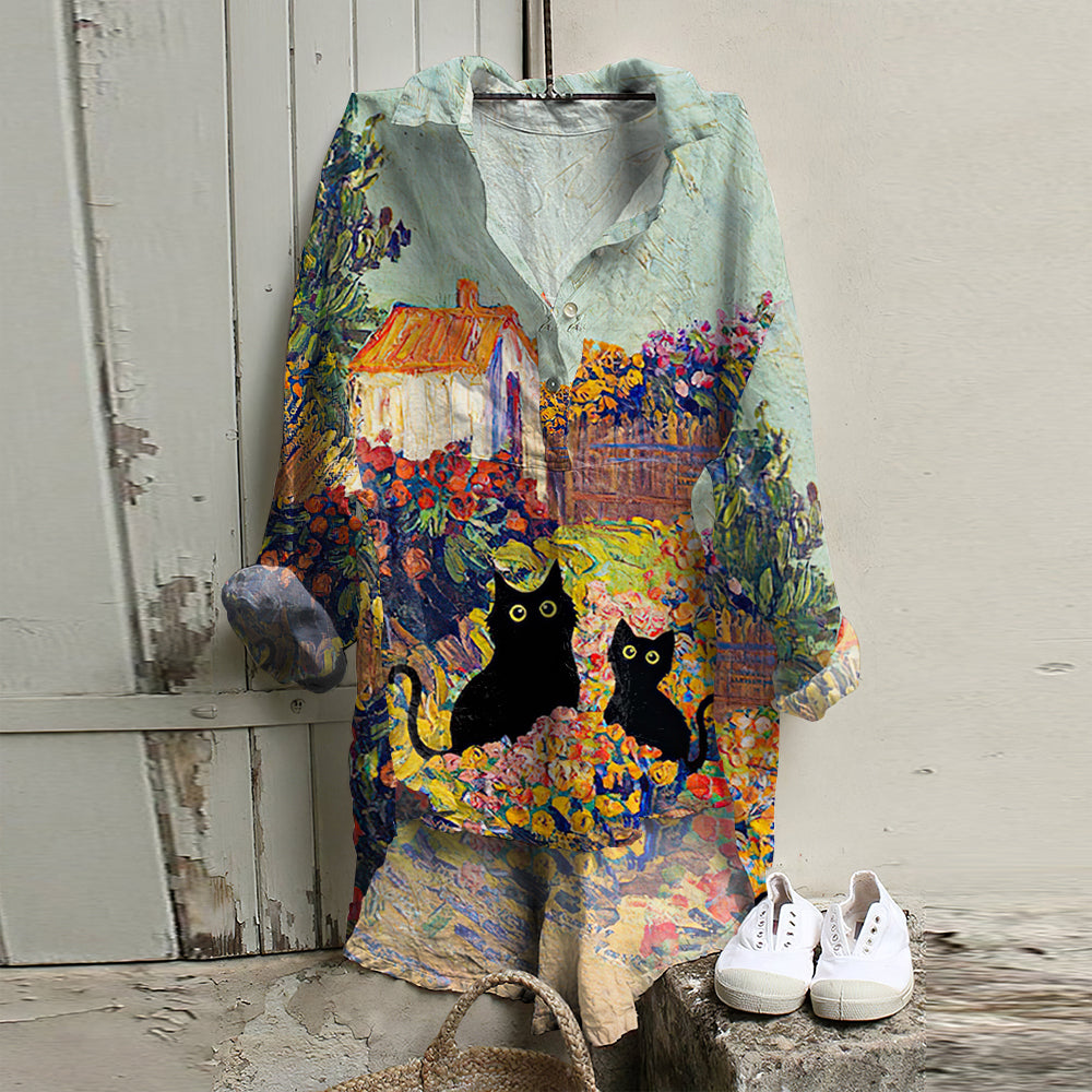 Comstylish Vintage Cat & Floral Art Cotton And Linen Button V-Neck Casual Shirt