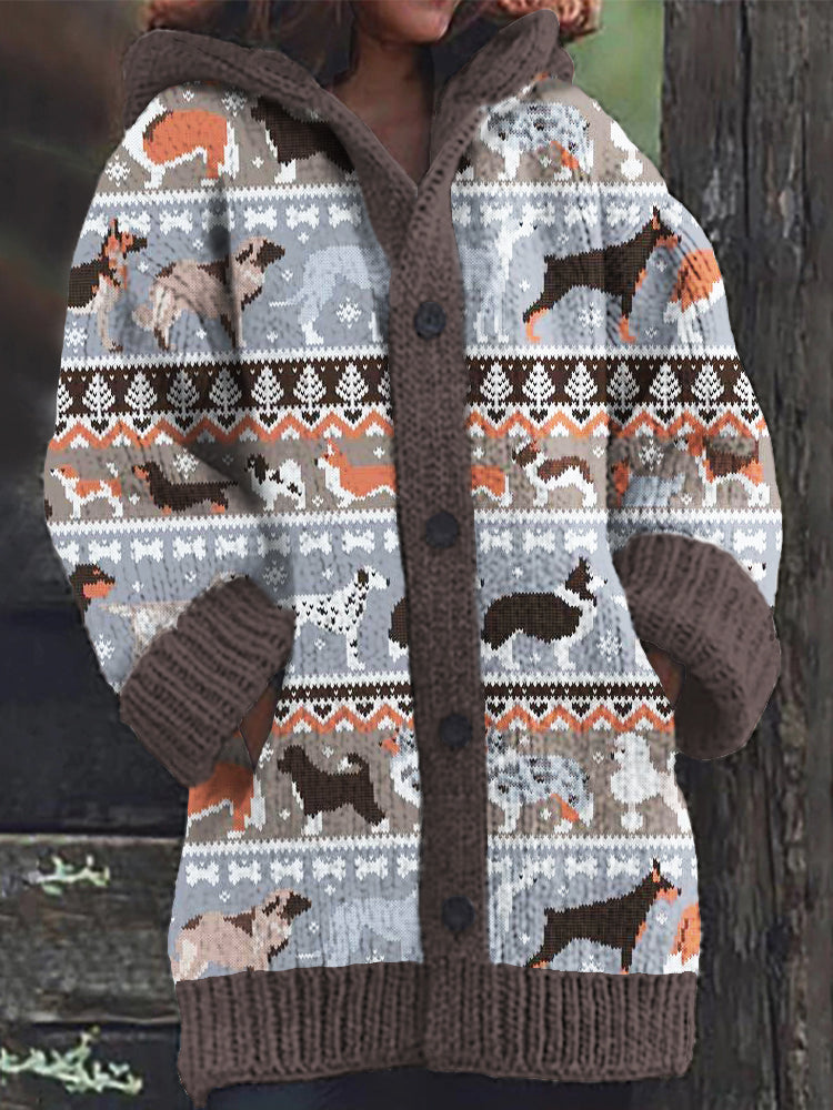 Christmas Pet Dogs Icelandic Style Women's Hooded Knit Sweater artswardrobe