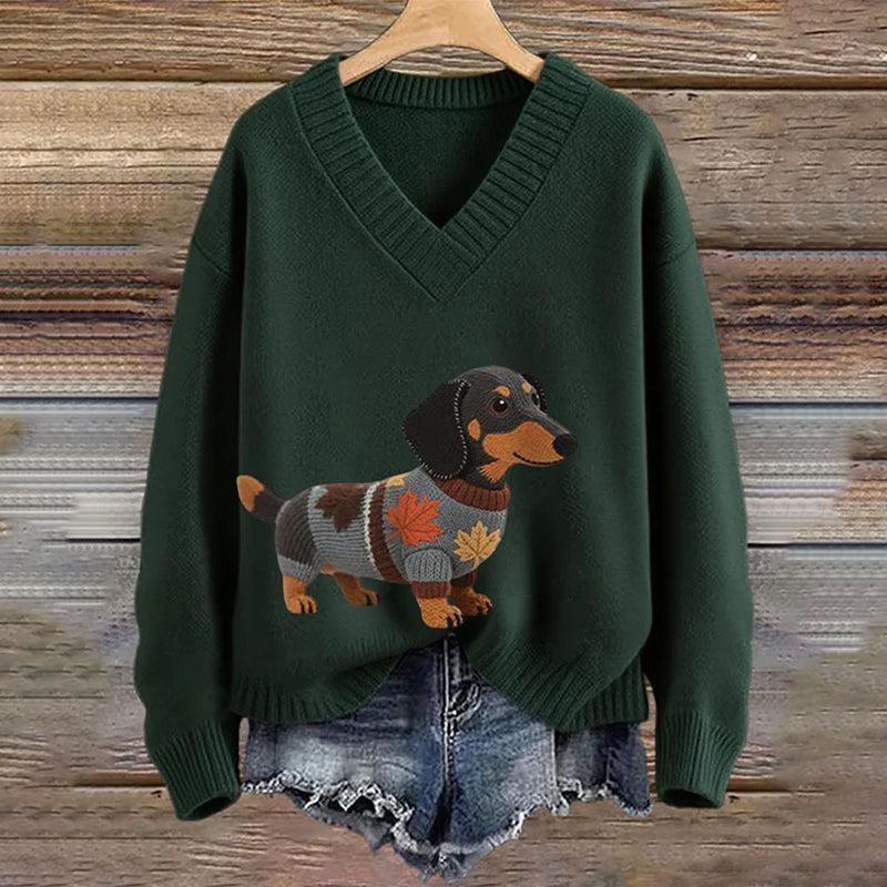 Vintage Dachshund Felt In Gradient Art Inspired Embroidered Cozy Knit Sweater artswardrobe
